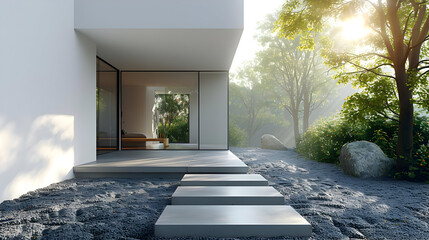 Poster - Modern House Exterior with Stone Pathway and Garden 3D Illustration