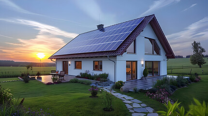 Canvas Print - Modern House with Solar Panels on Roof at Sunset - Photo