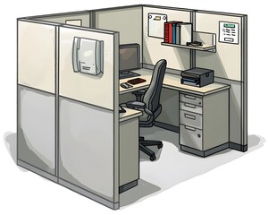 Poster - Modern office cubicle setup with computer, chair, desk, and organizational tools in a professional workspace environment.