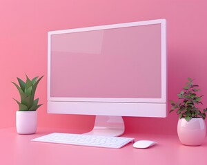 Poster - Modern pink workspace with white computer, keyboard, mouse, and potted plants. Minimalist setup for productivity and aesthetics.