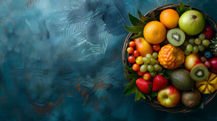 Canvas Print - Fresh fruits in basket on dark background, top view, copy space for text