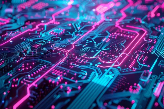 Circuit Board with Neon Lights for your background business, poster, wallpaper, banner, backdrop, greeting cards, and advertising for business entities or brands.