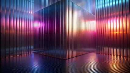 Abstract background with reeded glass effect, 3d render.  Render of corrugated wall with overlay reflection light on dark.