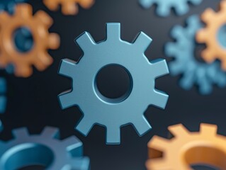 blue and orange 3d cog wheels in depth of field against black background - industrial machine part concept