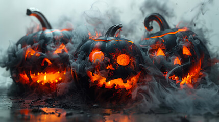 Wall Mural - Three pumpkins with glowing Halloween faces are surrounded by gray smoke on a white background. Happy Halloween. Halloween decorations