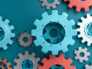 Wall Mural - blue cog wheel gear mechanism on teal background - teamwork collaboration efficiency concept