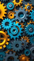 Wall Mural - abstract gear background - interlocking blue, yellow, and gray cogs - mechanical, industrial design 