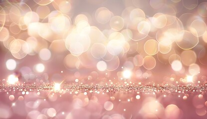 Poster - Abstract white and beige background with blurred bokeh lights, pastel colors, vector illustration. Christmas lights on a light pink background. Shiny sparkle particles, glitter sprinkled on the floor.