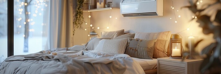 Poster - A modern living room features relaxed furnishings, soft textiles, a mounted air conditioner, and warm lighting, creating a cozy atmosphere. Generative AI
