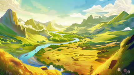 A cartoon scene, bird view, green mountains, rivers, golden fields, farms, birds flying, cartoon style