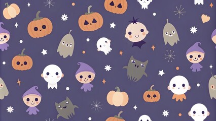 Wall Mural - Baby seamless pattern Happy Halloween. Cute kid's background. Cartoon pumpkin, ghost, bat, skull, and spider. Modern Design for celebration, fabric, packaging