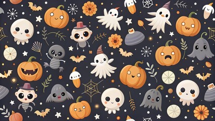 Wall Mural - Baby seamless pattern Happy Halloween. Cute kid's background. Cartoon pumpkin, ghost, bat, skull, and spider. Modern Design for celebration, fabric, packaging