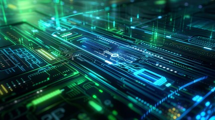 Poster - abstract image of a futuristic circuit board with glowing green and blue lines, symbolizing technolo