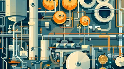 Poster - an abstract illustration of industrial machinery, pipes, and tanks. the image symbolizes production,