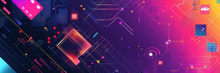 Poster - An abstract technology background with neon colors and circuitry, symbolizing innovation, connection, progress, data flow, and digital transformation.