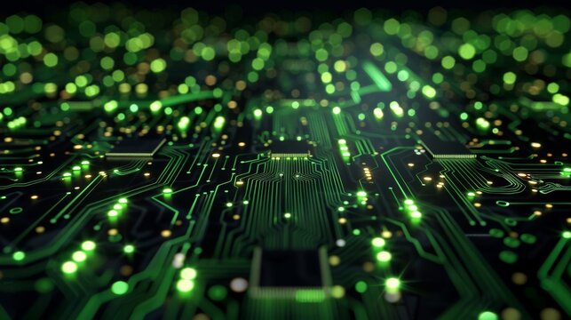 Abstract Electronic Circuit Board with Green Glow for your background business, poster, wallpaper, banner, backdrop, greeting cards, and advertising for business entities or brands.