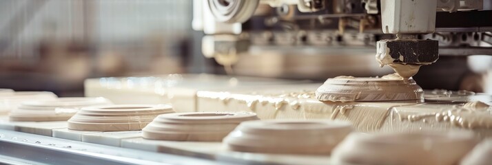 Poster - CNC machine precision cutting wooden blanks for furniture production, showcasing automated manufacturing, woodworking technology, and precision craftsmanship.