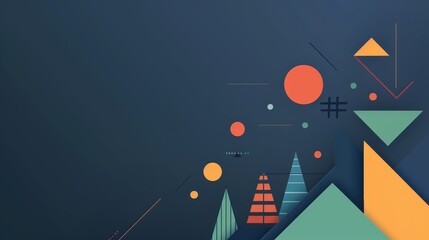 Poster - This abstract background features a dynamic composition of geometric shapes, including triangles, circles, and lines, in a vibrant color palette. The design creates a sense of energy, movement