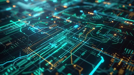 Poster - This abstract digital art depicts a futuristic circuit board with glowing lines, symbolizing connection, technology, data flow, innovation, and progress.