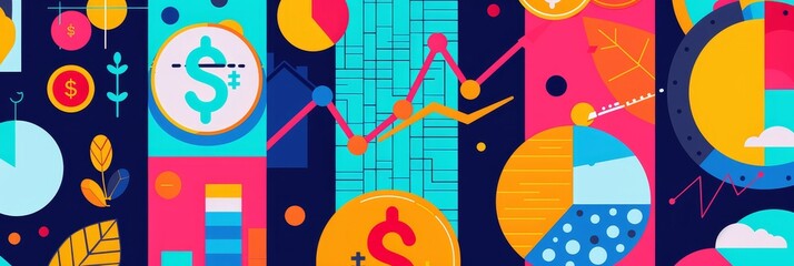 Poster - This abstract illustration depicts financial growth and success with symbols like rising charts, dollar signs, and pie charts representing various aspects of business and finance.