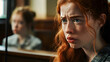 © Daniel - Red-haired woman crying in front of a stern judge.