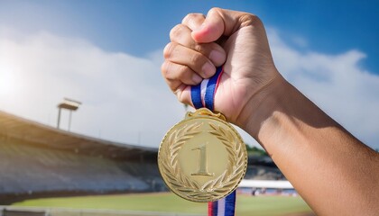 Wall Mural - hand raising an olympic gold medal in victory