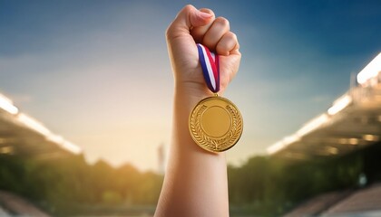 Wall Mural - hand raising an olympic gold medal in victory