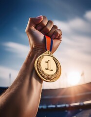 Wall Mural - hand raising an olympic gold medal in victory