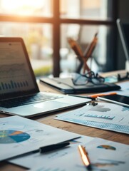 Poster - A close-up image of a desk with a laptop, charts, graphs, and a pen. It depicts data analysis, financial planning, and business strategy.