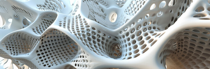 Poster - a close-up of a white, organic structure with interconnected cells, resembling a honeycomb or a biol