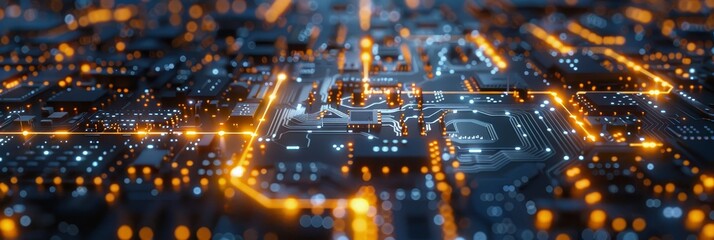 Wall Mural - A close-up shot of a futuristic circuit board with glowing lines, symbolizing technology, innovation, connectivity, data flow, and progress.