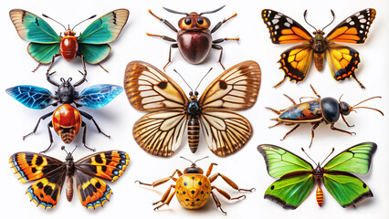 Vibrant color macro photography set featuring assorted insects, including butterflies, beetles, and ants, on a white background with subtle shadows and highlights.