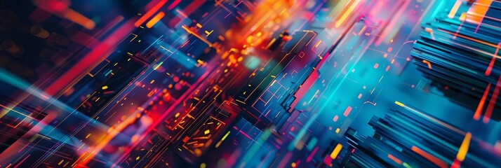 Poster - A dynamic, abstract image representing a digital cityscape with vibrant neon colors. The image symbolizes innovation, technology, progress, and the interconnectedness of the modern world.