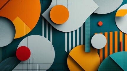Poster - a dynamic composition of overlapping circles, squares, and lines in a bold color palette of orange, 