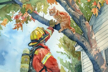 Wall Mural - A firefighter, wearing a helmet and uniform, reaches up to rescue a cat trapped in a tree. The cat is perched on a branch