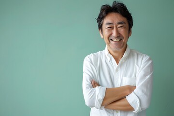 Wall Mural - Smiling Man in White Shirt Against Green Background