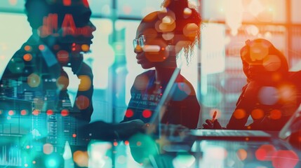 Poster - A group of diverse individuals collaborating and discussing ideas, their silhouettes blurred with abstract shapes, symbolizing creativity, digital transformation, and the future of business.