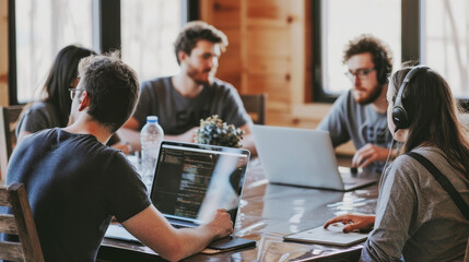 Poster - A group of diverse individuals working together at a table, showcasing teamwork, collaboration, and modern workspace.