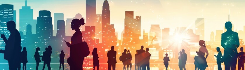 Poster - A group of people stand in silhouette against a colorful cityscape at sunset. The image represents community, diversity, and urban life.
