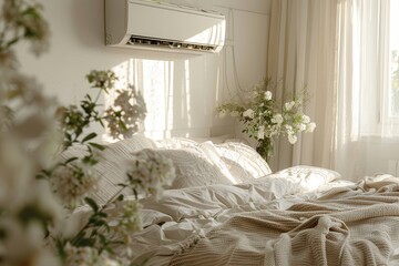 Aufkleber - A cozy living room features a mounted air conditioner, light filtering through sheer curtains, and tasteful floral arrangements adding elegance. Generative AI