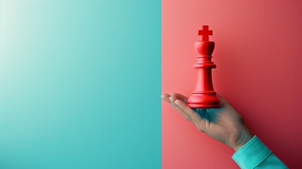Poster - A hand holding a red chess king piece against a blue and pink background. This image symbolizes leadership, strategy, power, and success.