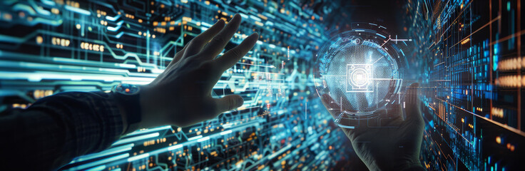 Poster - a hand reaches out to interact with a glowing, futuristic technology interface, symbolizing innovati