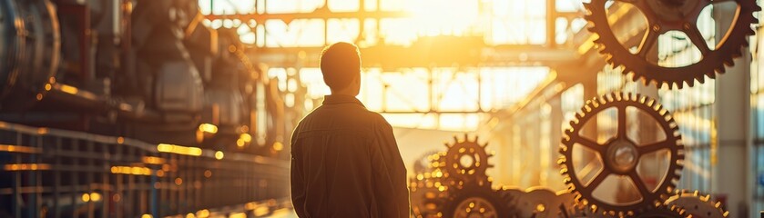 Poster - A lone worker stands in a factory, looking at a wall of large gears, symbolizing industry, progress, mechanics, teamwork, and innovation.