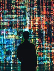Poster - a man stands in silhouette, gazing at a digital wall displaying a stream of data, symbolizing techno