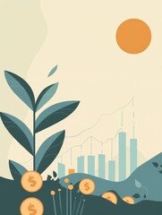 Poster - A plant with dollar coins growing in front of a rising graph and a bright sun, symbolizing financial growth, investment, prosperity, and success.
