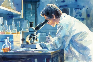 Wall Mural - A scientist in a lab coat is using a microscope to examine a sample. The lab is filled with test tubes and other lab equipment, representing science, research, and discovery.