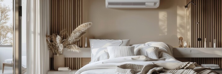 Poster - A modern living room displays stylish decor, featuring an air conditioner on the wall and cozy, inviting furnishings that enhance comfort. Generative AI