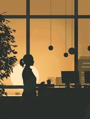 Poster - A silhouette of a woman working at a desk in an office, with the setting sun shining through the window behind her. This image symbolizes productivity, focus, work-life balance, ambition