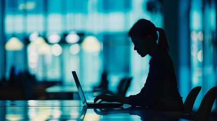Poster - A silhouette of a woman working on a laptop at a desk in a dimly lit office. The scene symbolizes hard work, dedication, late nights, and achieving goals.