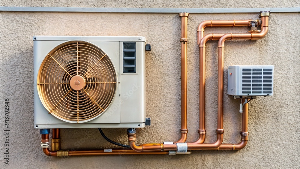 Outer wall-mounted air conditioning unit compressor with copper pipes ...